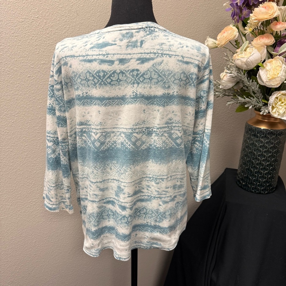Allison Daley Blue White Aztec Print 3/4 Sleeve Soft Knit Top Women’s L - Picture 3 of 7